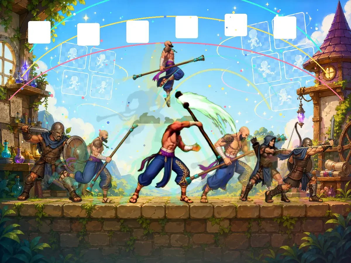 A 2D sprite animation pipeline with characters, frame cards, and motion arcs