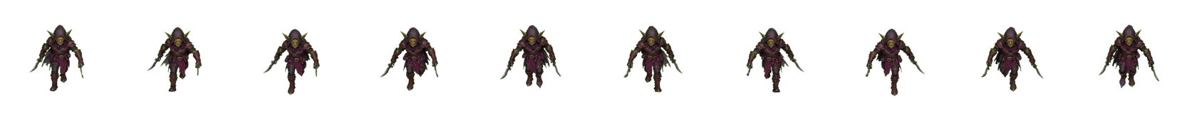 Old grainy south walk sprite sheet with ten south-walk animation frames