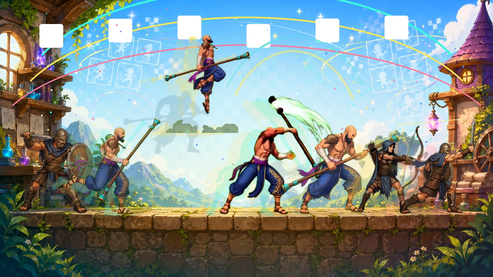 A wide 2D sprite animation pipeline scene with characters, frame cards, and motion arcs